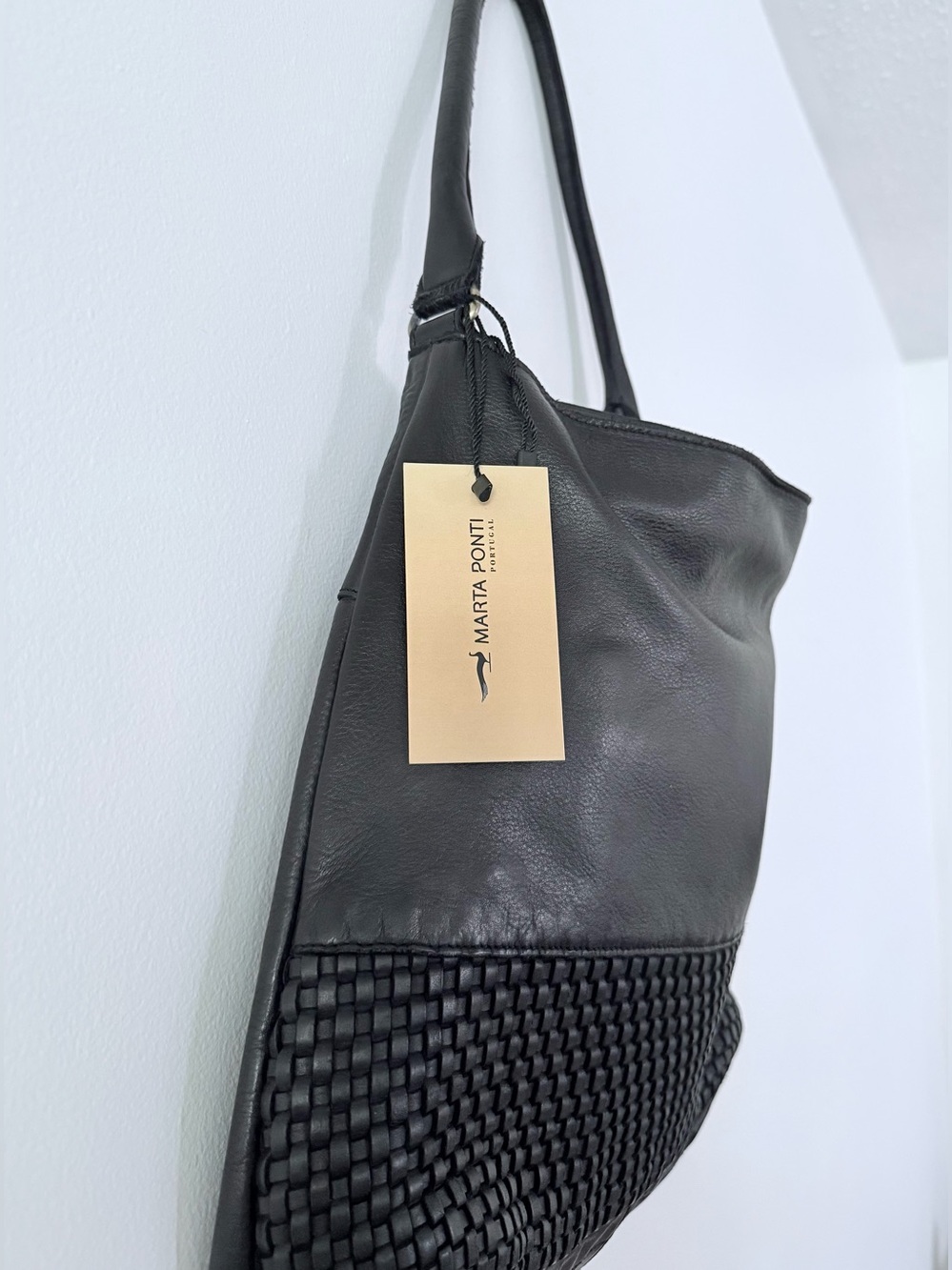 Marta Ponti Black Genuine Leather Woven Hobo Bag